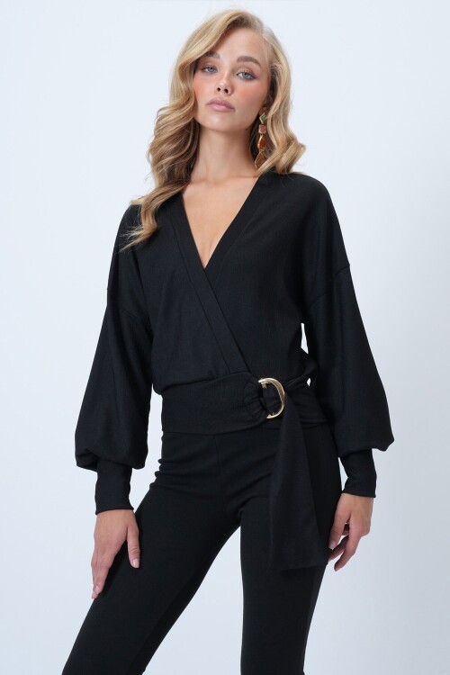 Kruvaze Yaka Kemerli Manşet Kollu Dokuma Bluz