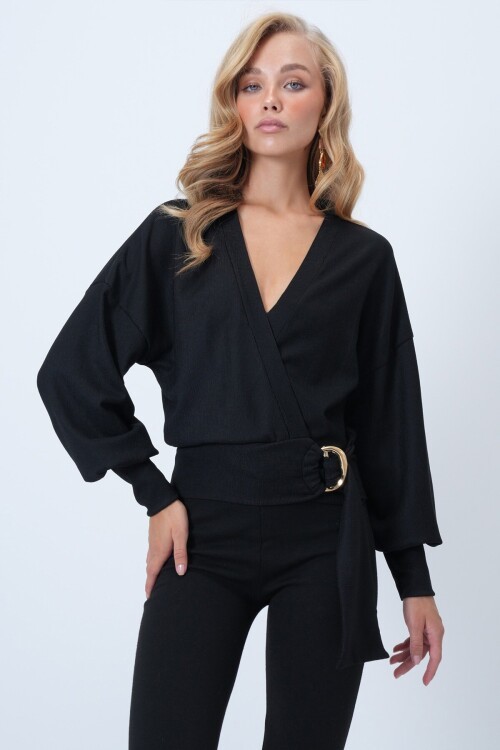 Kruvaze Yaka Kemerli Manşet Kollu Dokuma Bluz