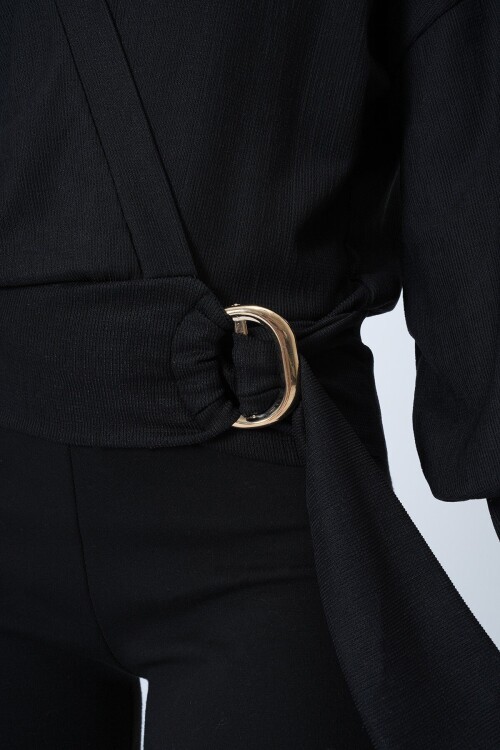 Kruvaze Yaka Kemerli Manşet Kollu Dokuma Bluz