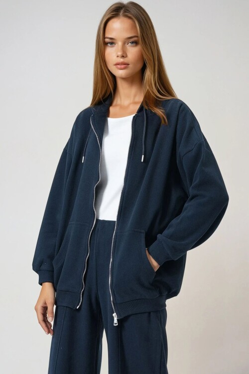 Çift Cepli Fermuar Kapamalı Kapüşonlu Hırka