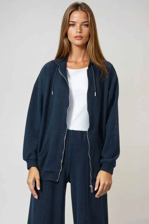 Çift Cepli Fermuar Kapamalı Kapüşonlu Hırka