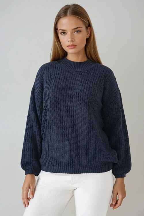 Lacivert Yarım Balıkçı Yaka Düşük Omuz Kalın Örgülü Triko Kazak