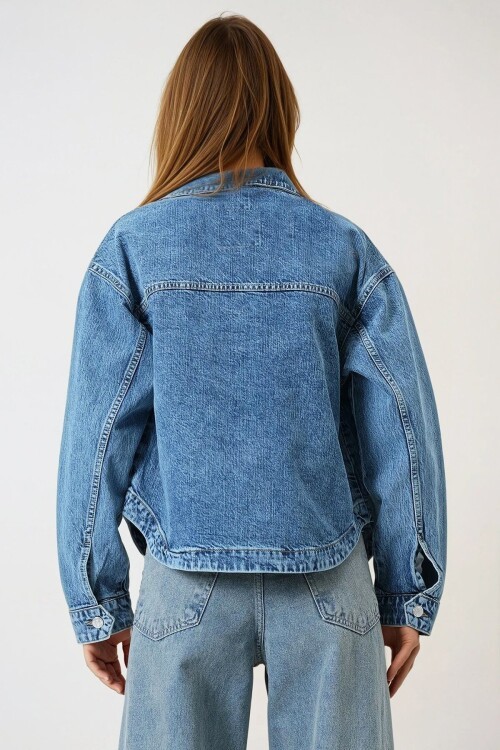 Mavi Çift Cepli Tam Düğme Kapamalı Denim Ceket