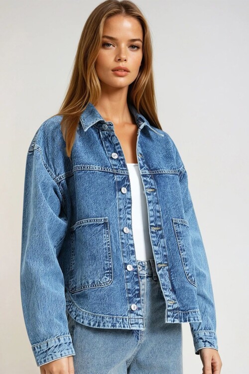 Mavi Çift Cepli Tam Düğme Kapamalı Denim Ceket