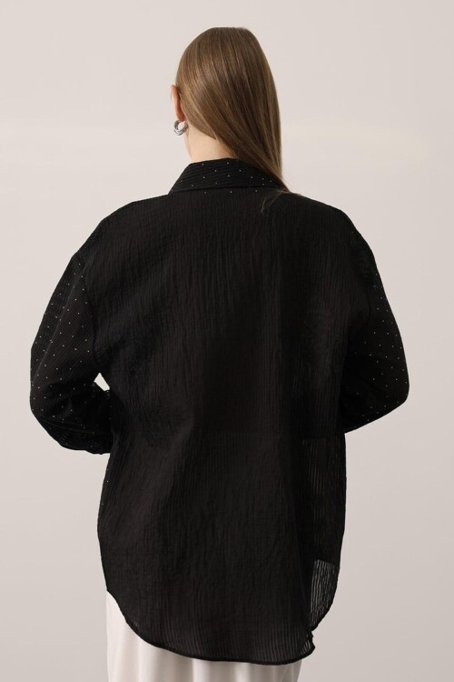 Mini Taş İşlemeli Kırışık Dokulu Oversize Gömlek