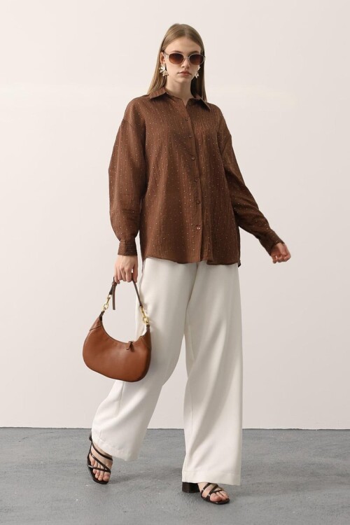 Mini Taş İşlemeli Kırışık Dokulu Oversize Gömlek