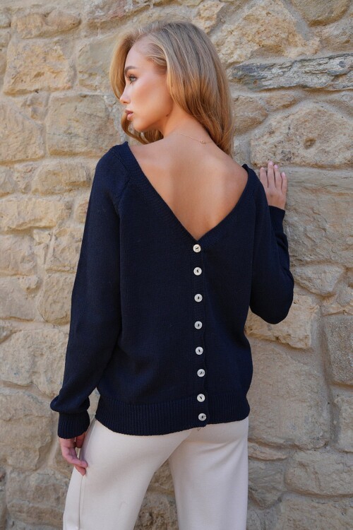 Ön Arka V Yaka Düğme Detaylı Triko Bluz