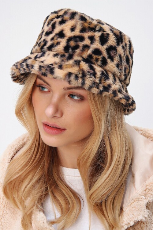 Leopar Peluş Desenli Bucket Şapka