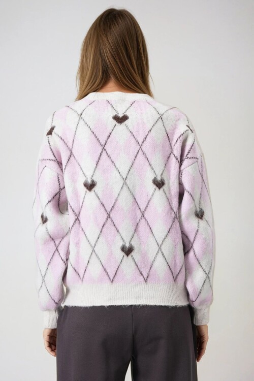 Bisiklet Yaka Kalp ve Baklava Desenli Yumoş Kazak