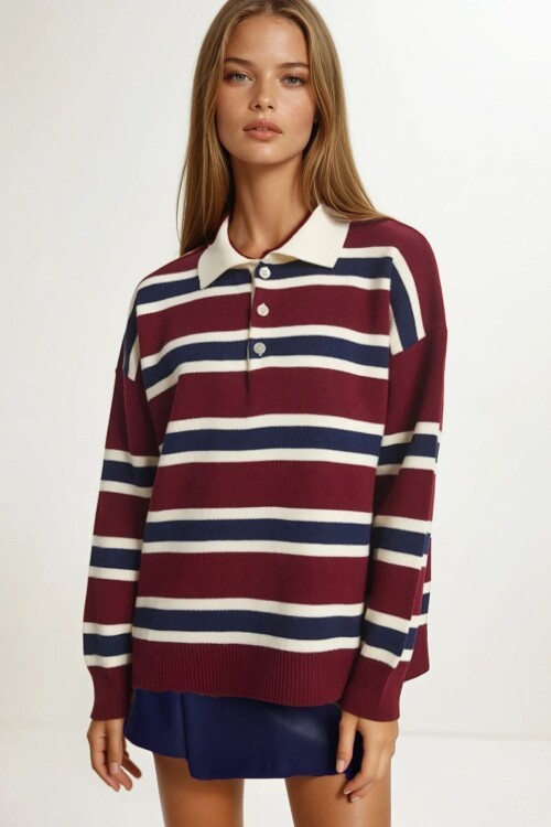 Polo Yaka Çizgili Triko Kazak