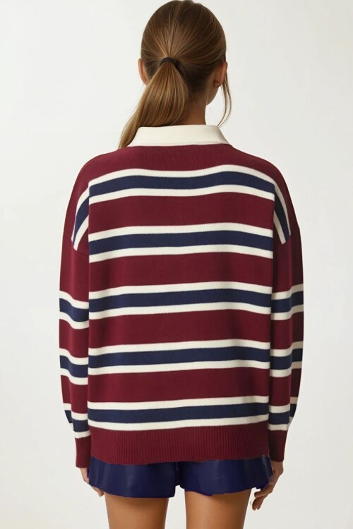 Polo Yaka Çizgili Triko Kazak