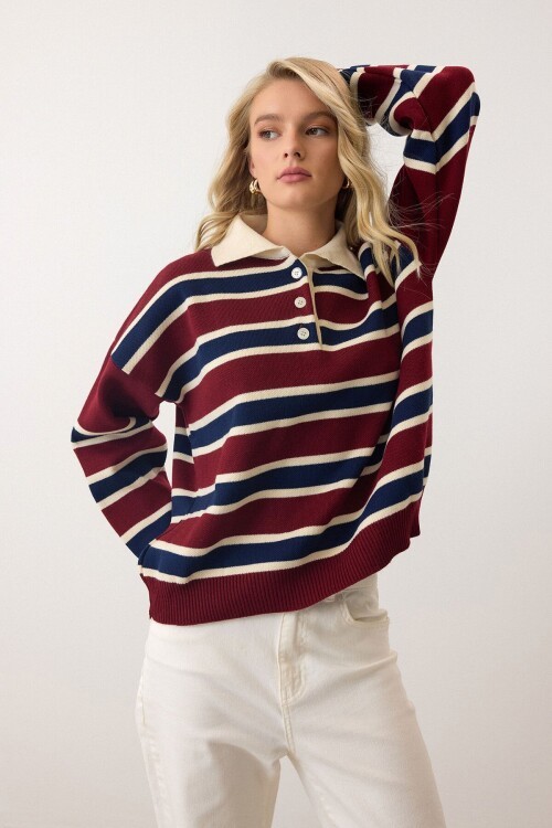 Bordo Polo Yaka Düğmeli Triko Kazak