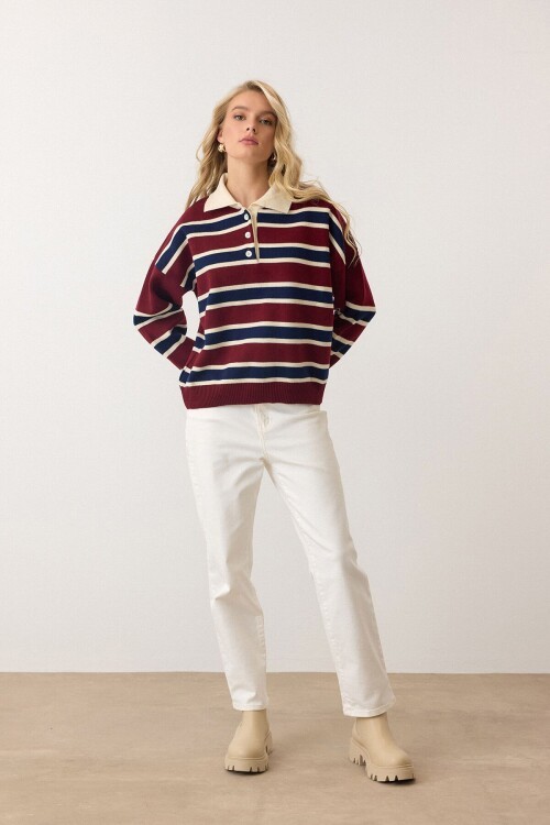 Bordo Polo Yaka Düğmeli Triko Kazak