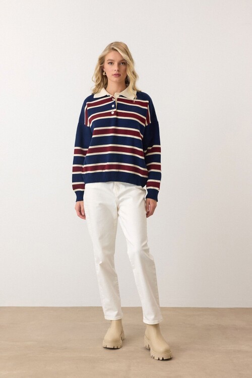 Lacivert Polo Yaka Düğmeli Triko Kazak