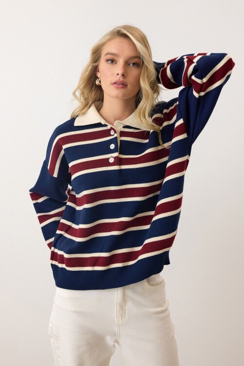 Lacivert Polo Yaka Düğmeli Triko Kazak