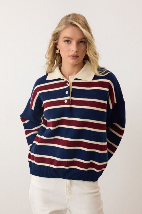 Lacivert Polo Yaka Düğmeli Triko Kazak