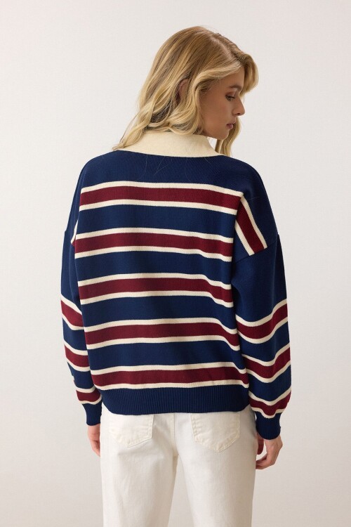 Lacivert Polo Yaka Düğmeli Triko Kazak