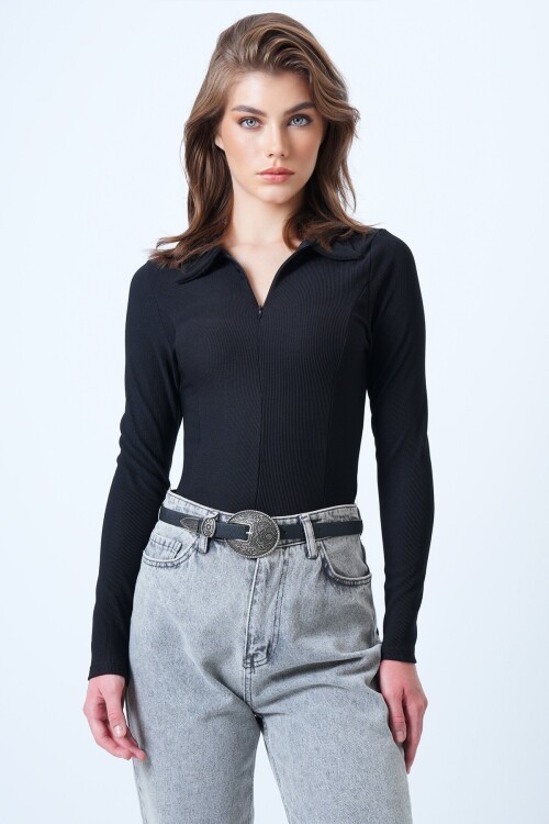 Polo Yaka Gizli Fermuarlı Ottoban Bluz