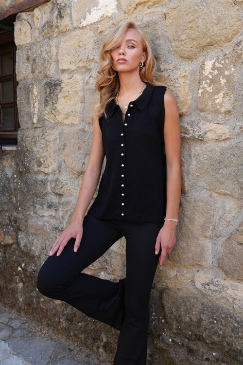 Polo Yaka Gold Düğmeli Triko Yelek