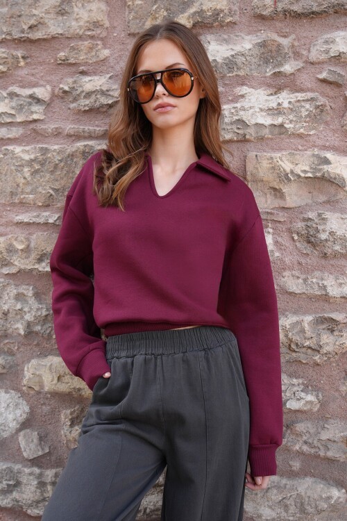 Polo Yaka İçi Şardonlu 3 İplik Sweatshirt