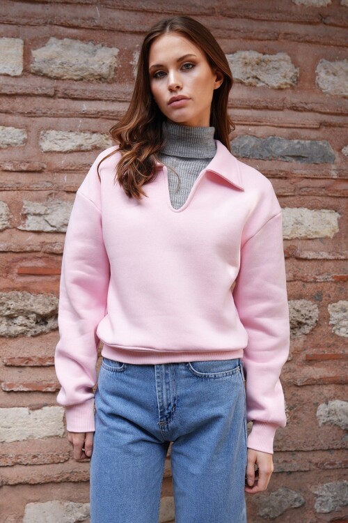 Polo Yaka İçi Şardonlu 3 İplik Sweatshirt