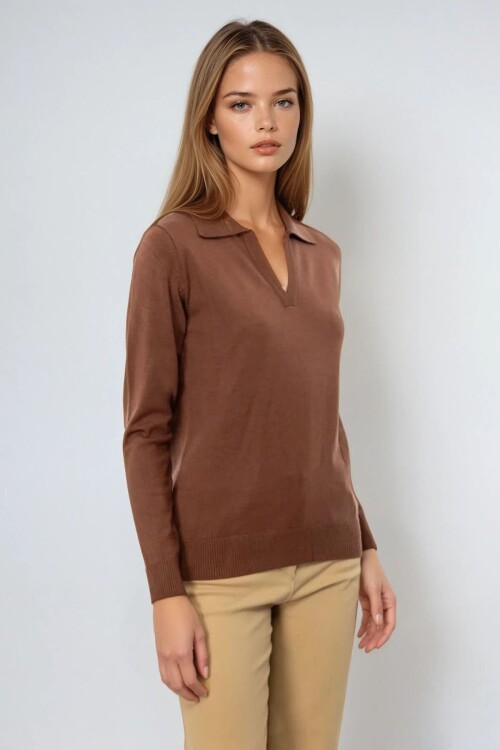 Kahverengi Polo Yaka Uzun Kollu Bluz