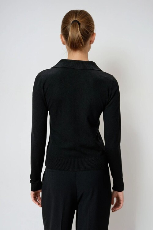 Siyah Polo Yaka Uzun Kollu Bluz