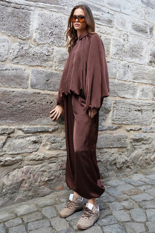 Polo Yaka Yarasa Kol Fermuar Kapamalı Ceket Ve Beli Lastlikli Pantolon Salaş Takım