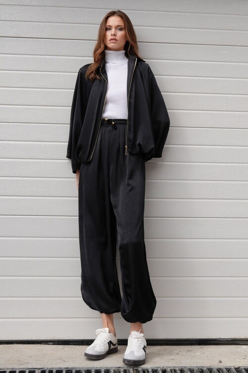 Polo Yaka Yarasa Kol Fermuar Kapamalı Ceket Ve Beli Lastlikli Pantolon Salaş Takım