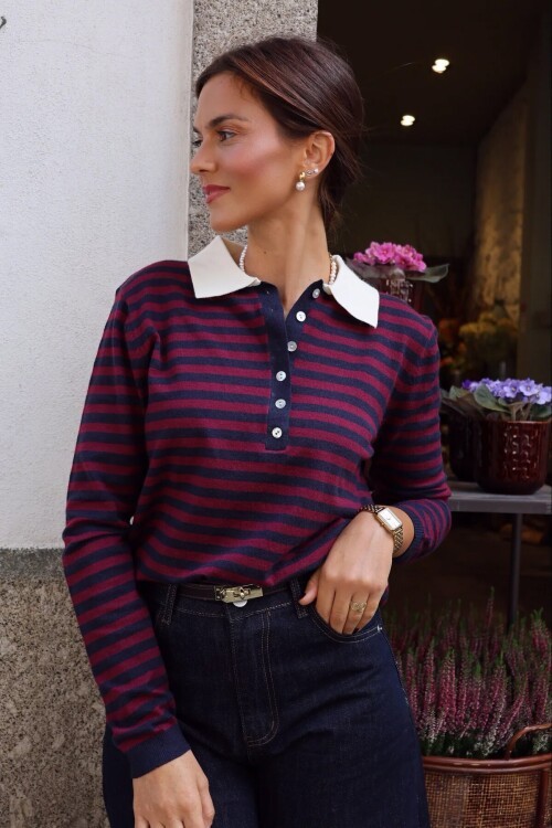 Polo Yaka Yarım Pat Düğme Kapamalı Çizgili Triko Kazak