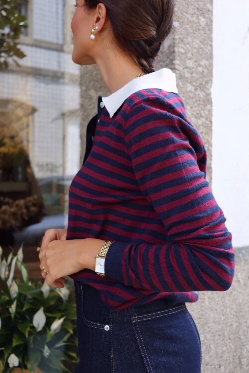 Polo Yaka Yarım Pat Düğme Kapamalı Çizgili Triko Kazak