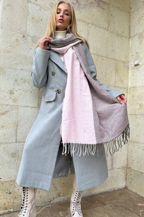 Pudra Püskül Detaylı Desenli Şal