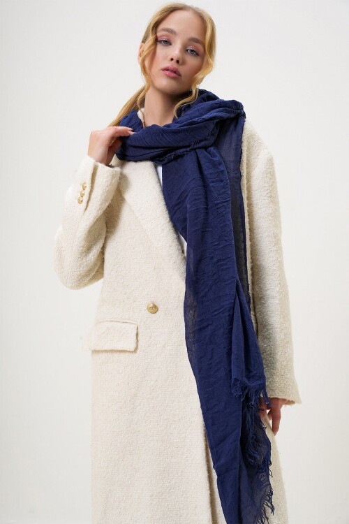 Lacivert Püsküllü Uzun Dokuma Şal