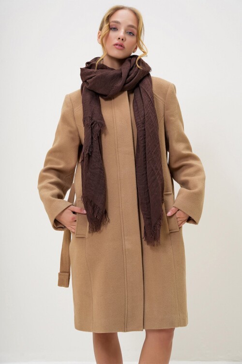 Kahverengi Püsküllü Uzun Dokuma Şal