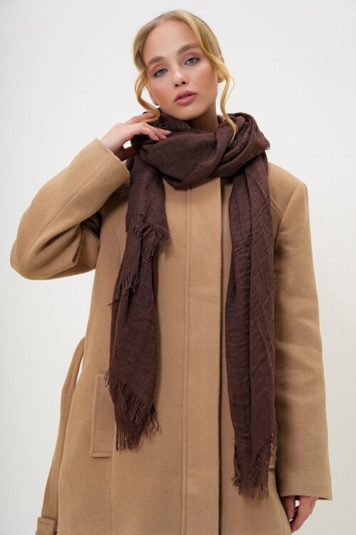 Kahverengi Püsküllü Uzun Dokuma Şal