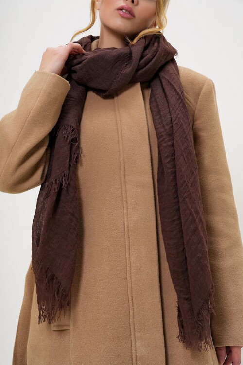 Kahverengi Püsküllü Uzun Dokuma Şal