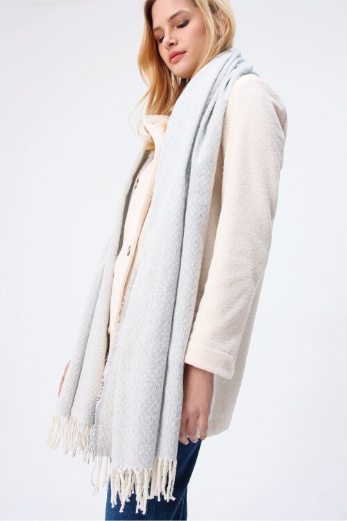 Taş Püsküllü Yumuşak Dokulu Kalın Şal