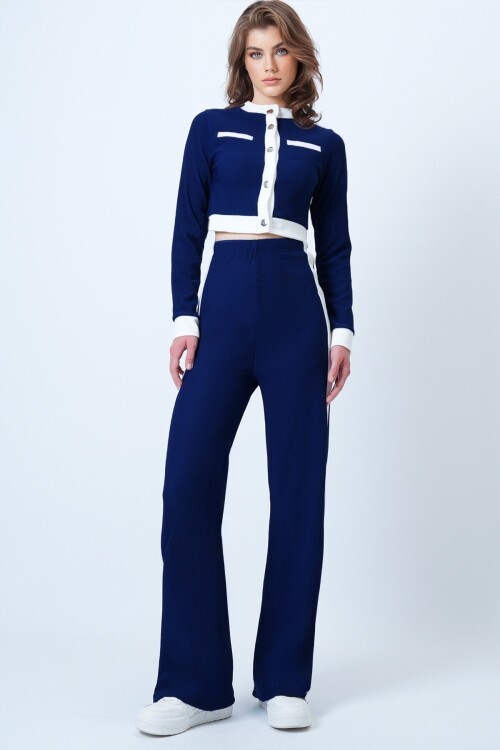 Renk Bloklu Crop Ceket Ve  Ottaban Pantolon Takım