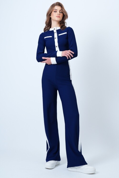 Renk Bloklu Crop Ceket Ve  Ottaban Pantolon Takım