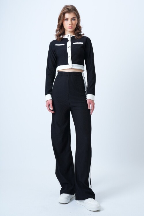 Renk Bloklu Crop Ceket Ve  Ottaban Pantolon Takım