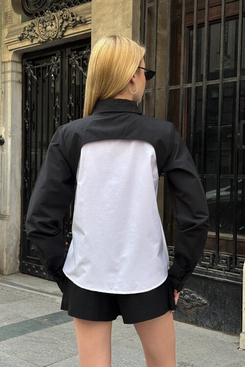 Beyaz Renk Bloklu Uzun Kollu Oversize Gömlek