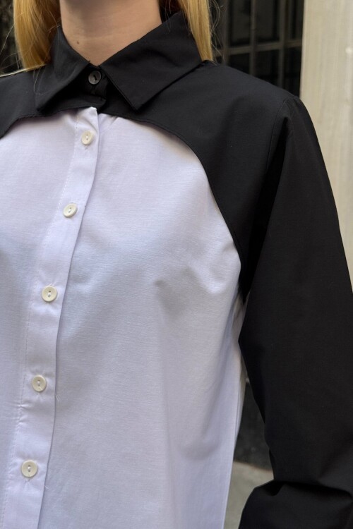 Beyaz Renk Bloklu Uzun Kollu Oversize Gömlek