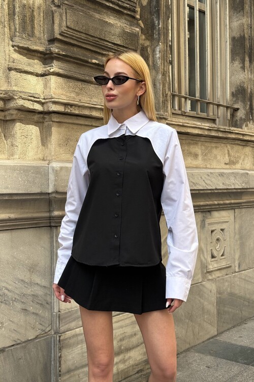Siyah Renk Bloklu Uzun Kollu Oversize Gömlek