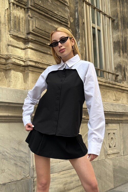 Siyah Renk Bloklu Uzun Kollu Oversize Gömlek