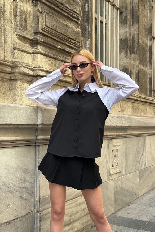 Siyah Renk Bloklu Uzun Kollu Oversize Gömlek