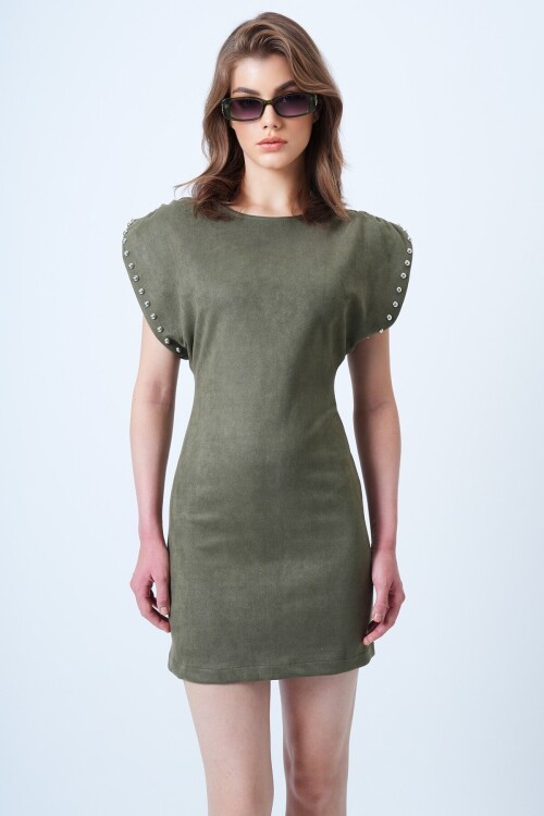 Sırt Dekolteli Omuz Vatkalı Omuz Droplu Süet Elbise