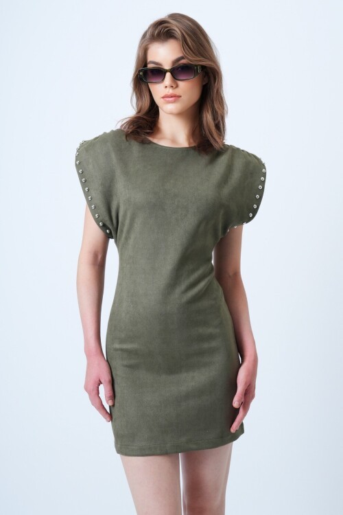 Sırt Dekolteli Omuz Vatkalı Omuz Droplu Süet Elbise