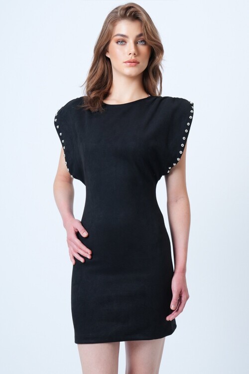 Sırt Dekolteli Omuz Vatkalı Omuz Droplu Süet Elbise