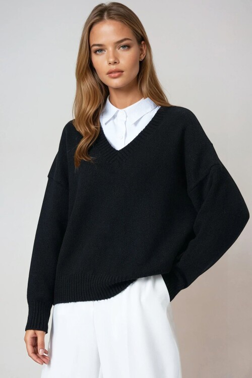 Düşük Omuz V Yaka Triko Kazak