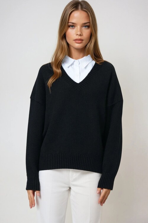 Düşük Omuz V Yaka Triko Kazak